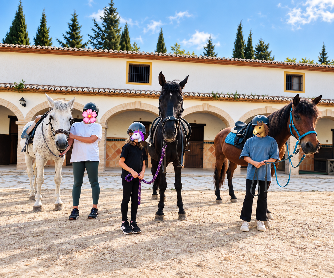 Riders and horses outside the Paradise Stables yard