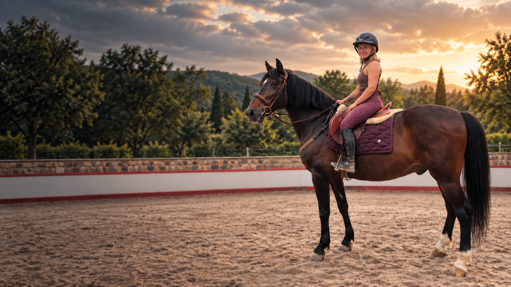 Elle mounted on a dark horse in the Paradise Stables arena at sunset