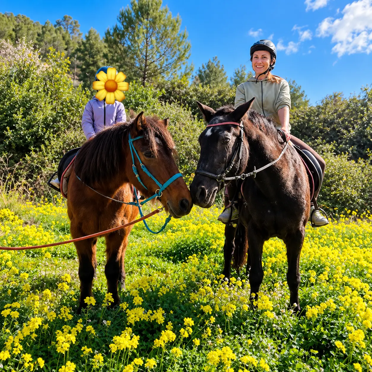 Riders out on a trail through spring flowers